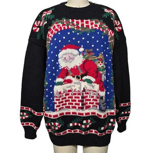 Vtg Sz L Uggly Christmas Sweater 100% Wool Hand Knit Art to Wear Holiday Santa
